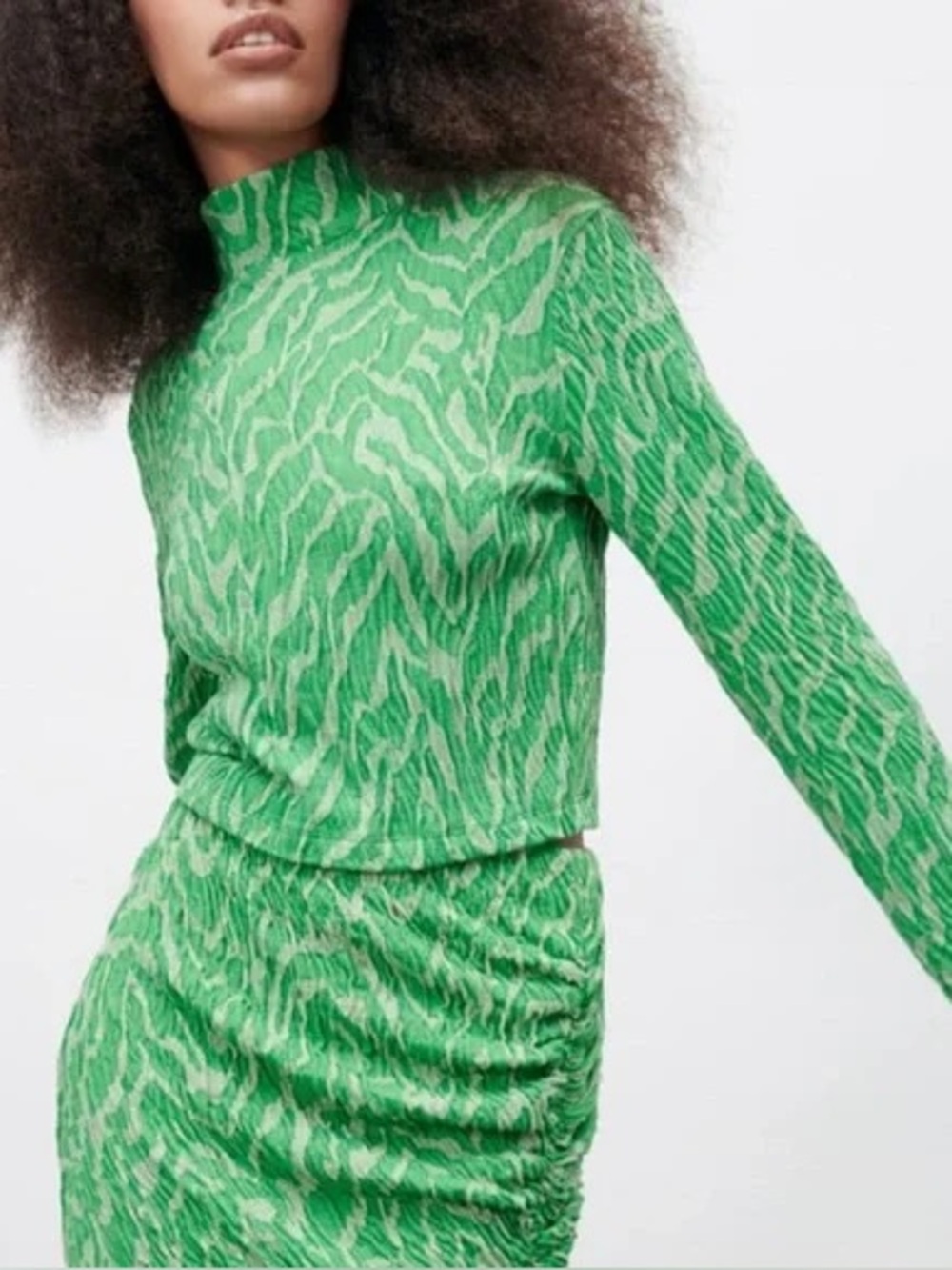 Zara Green Mock Neck Long Sleeve Jacquard Knit Crop Top Zebra Print